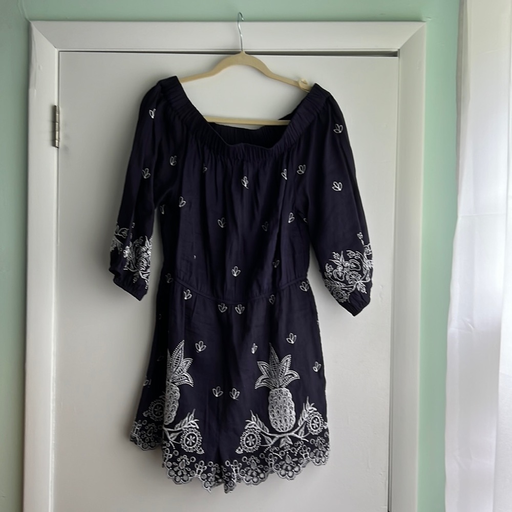 Navy blue off the shoulder short romper by Farm for Anthropologie size m…